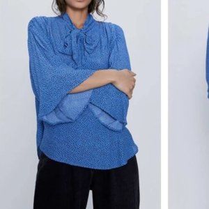 Zara Blue and Black Polka Dot Tie Neck Top